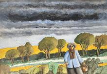Horizontal, nuages noirs, ciel gris, bleu, pré jaune, chemin blanc - 2014