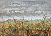 Champs labourés sous le ciel gris, quelques feuilles 