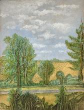 Chemin horizontal, grands arbres dans la haie