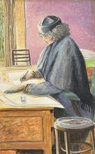 Châle gris, bonnet noir, écrit, tabouret