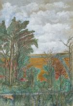 Le chemin entre les haies, ciel gris pâle
