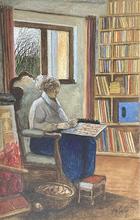 Voltaire près fenêtre, pantalon bleu, réussite