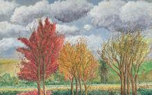 Arbres, rouge, jaune, vert, nuages moutonnés 