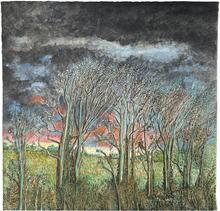 Crépuscule, horizon rose sur pré vert
