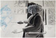 Assis bureau avec souris, écran bleu - 2016