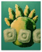 Peinture "Trois formes grises, forme rose verte, fond bleu" - 2002