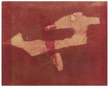 Sans titre (Composition abstraite, deux formes découpées, fond rouge), vers 1955-60