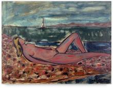 nue, allongée sur la plage / voile à l'horizon