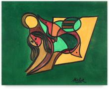 composition femme-oiseau sur fond vert