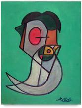 tête et oiseau sur fond vert