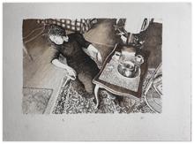Bureau Louis XV avec café, penchée robe noire - 1987