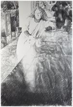 Robe blanche, accoudée à la table - circa 1981