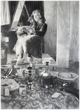 Assis robe chat devant table et bouteille - circa 1983