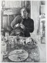 Assis robe chat devant table, fin du repas - circa 1979
