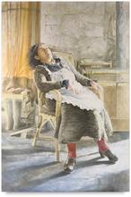 Robe chat , tablier blanc, fauteuil bascule, rideau fermé, bottes
