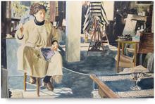 Robe blanche assis tabouret, colonne, tricot bleu - circa 1982