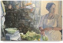 Robe blanche, tablier blanc, salade, volets fermés - 1985