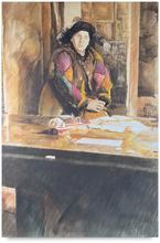 Bouffon, gilet cuir derrière la table « visiteuse Hiver » - 1979