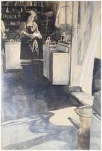 Dans la cuisine, tablier noir lumière devant la fenêtre - circa 1982