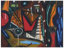 Sans titre (Composition abstraite, forme rouge et rayures), 1980
