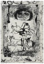 Sans titre (Taureau allongé et deux masques), 1966
