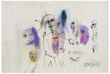 Sans titre (Figure debout bras tendus, quatre visages de profil, deux masques), vers 1966