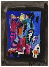 Sans titre (Visages de profil et masques sur fond bleu, bordure noire), 1965