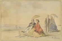 Coupe assis et couple marchant sur la plage
