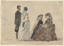 Femmes assises et couple sur la plage