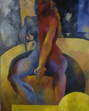 Femme en bleu et rouge