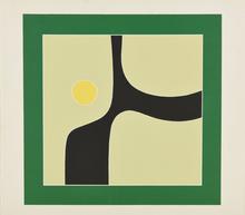 Pochoir Composition, arabesque noire et cercle jaune, 1972