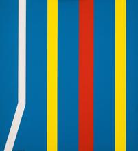 Toile à bandes (fond bleu et ligne de tension blanche déviée), 1973