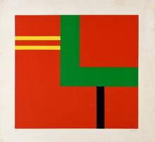 Pochoir, Composition géométrique rouge aux tensions jaunes, 1972