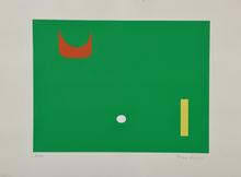 Pochoir sans titre (fond vert, point blanc, rectangle jaune, forme rouge)