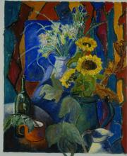 Nature morte au vase de tournesols et fleurs blanches