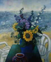 Nature morte aux tournesols face à la mer