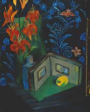 Nature morte sur fond bleu au cadre