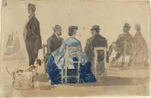 Hommes et femmes assis à la plage avec un chien