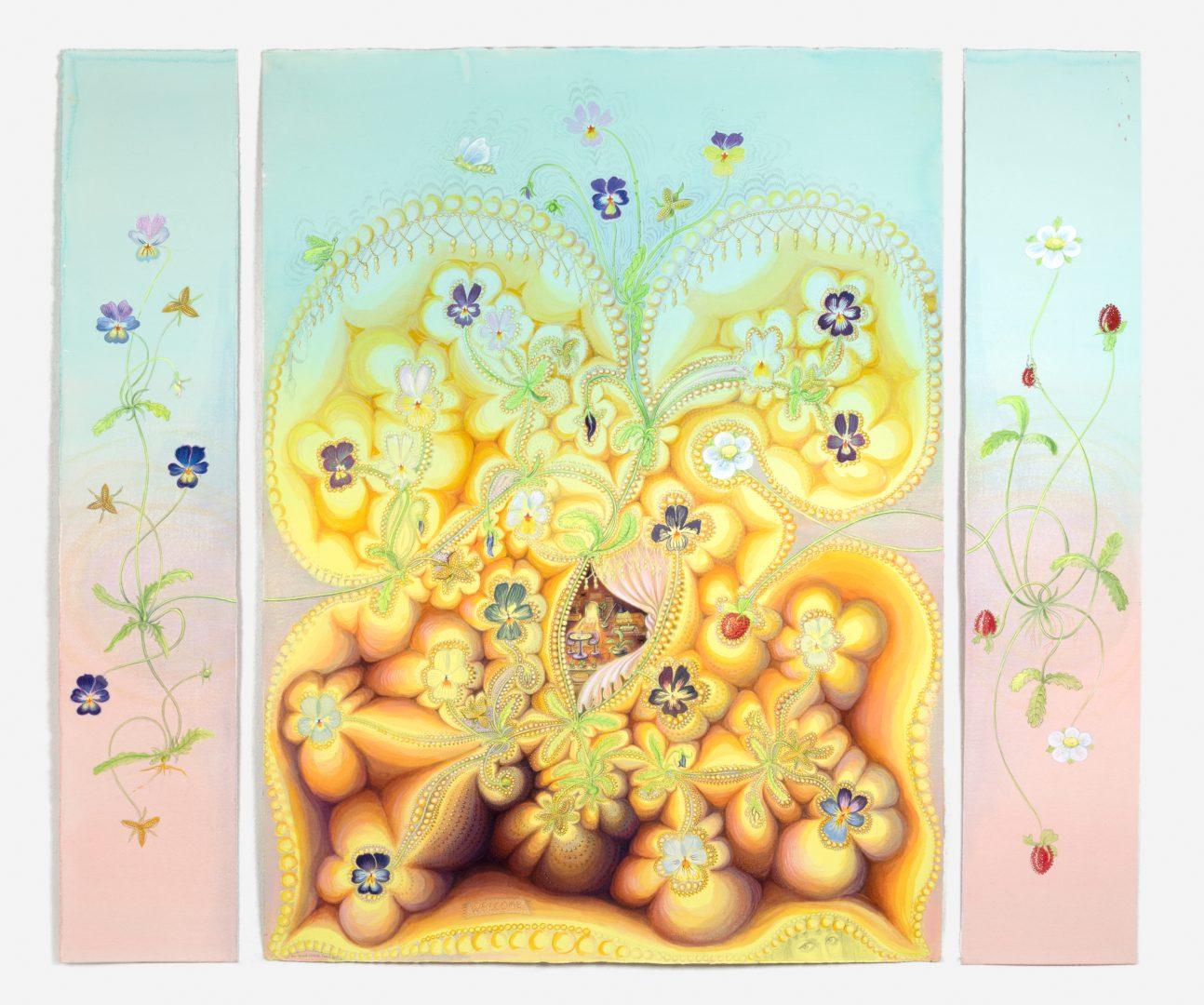 Kinke Kooi, Visit , 2019, Crayon de couleur et acrylique sur papier. 102 x 120 cm. Courtesy de l’artiste