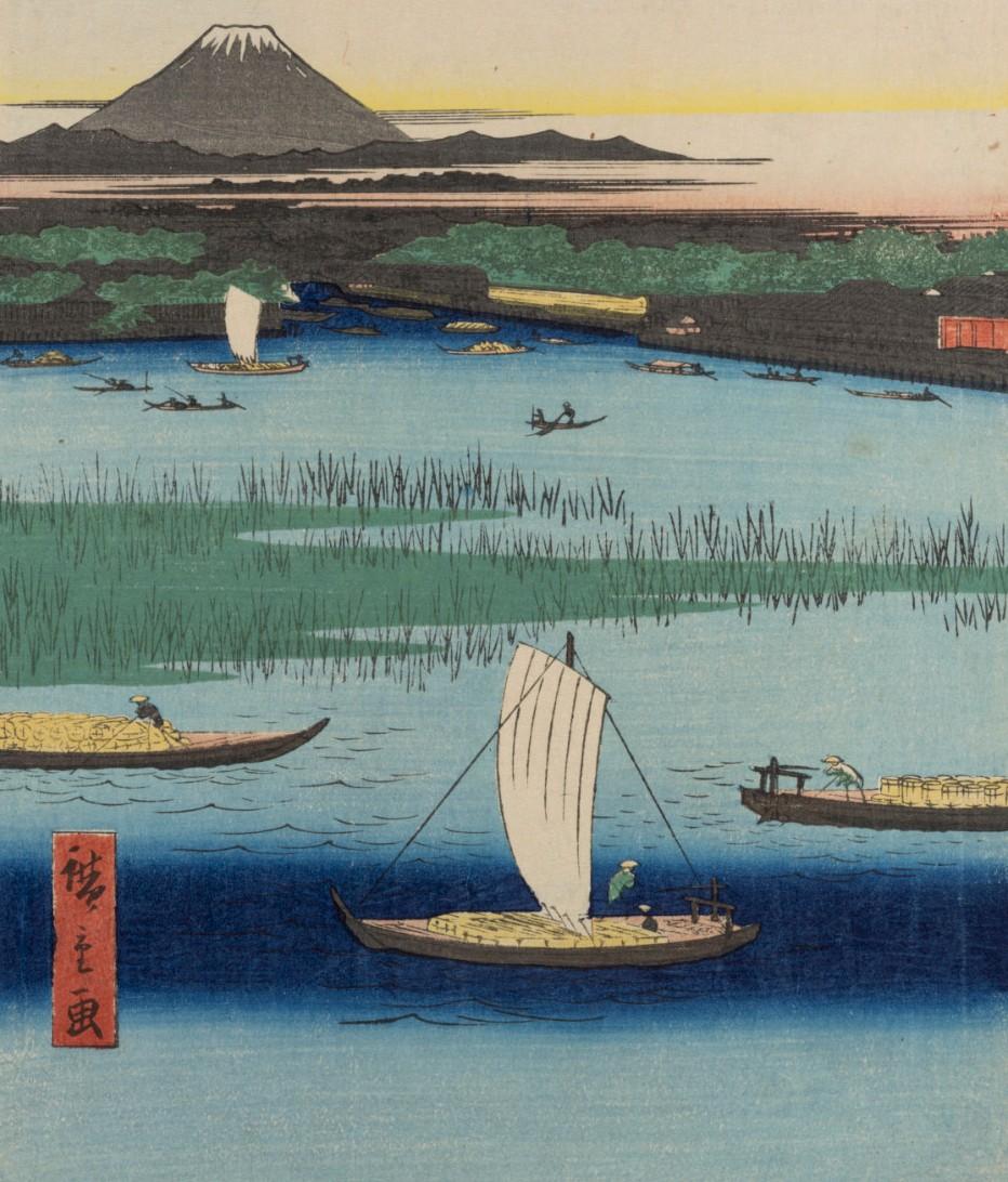 Hiroshige Utagawa, Mitsumata Wakarenofuchi, planche 57 de la série Cent vues célèbres d’Edo, 1857, gravure sur bois, 36,5 x 24,6 cm. Photo : Julien Gremaud
