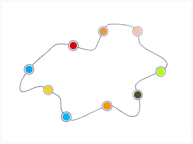Catalogue raisonné, Henri Foucault, Neuf cercles de couleurs sur forme serpentine - 1991