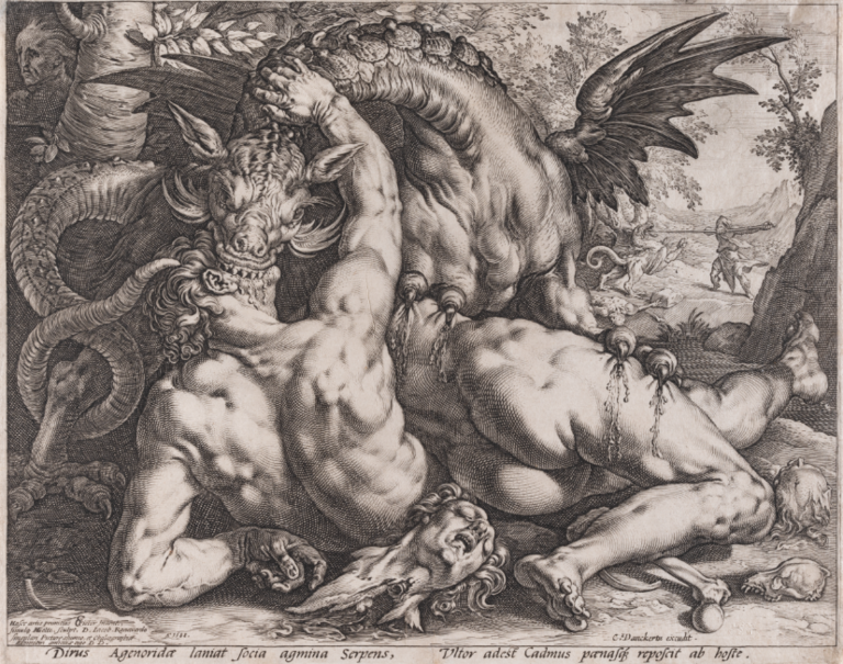 Hendrick Goltzius d’après Cornelis van Haarlem, Le Dragon dévorant les compagnons de Cadmus, 1588, burin sur papier vergé filigrané. Musée Jenisch Vevey – Cabinet cantonal des estampes, collection de l’État de Vaud © Musée Jenisch Vevey – Cabinet cantonal des estampes, collection de l’État de Vaud, photo Julien Gremaud