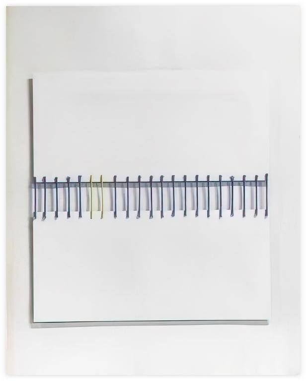 Catalogue raisonné, Albert Chubac, Collage aux deux rectangles blancs et coutures en bleu et jaune