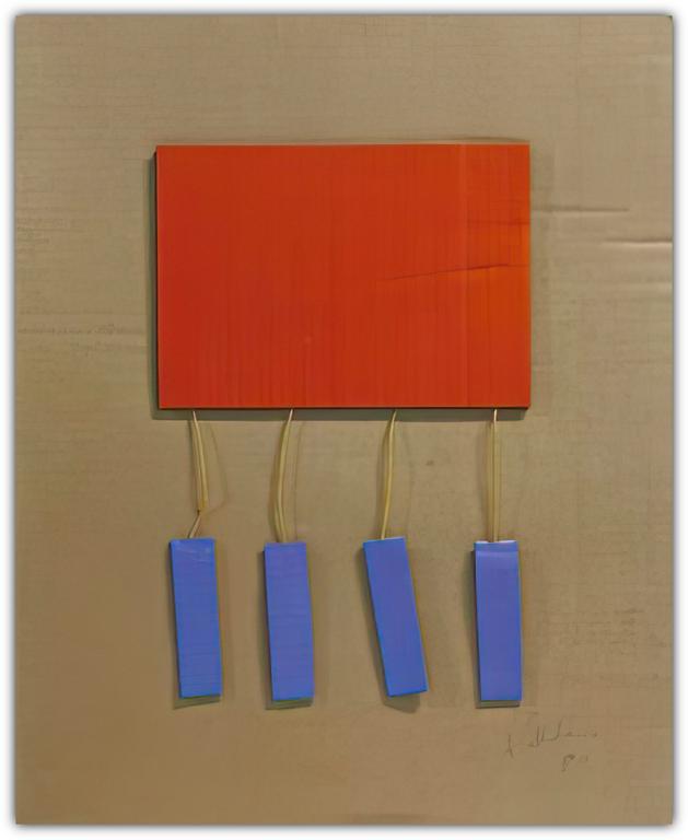 Catalogue raisonné, Albert Chubac, Collage au rectangle rouge et aux éléments bleus suspendus, 1980