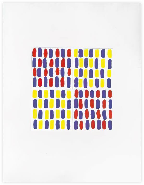 Catalogue raisonné, Albert Chubac, Gouache et collage en quatre carrés rouge bleu et jaune bleu