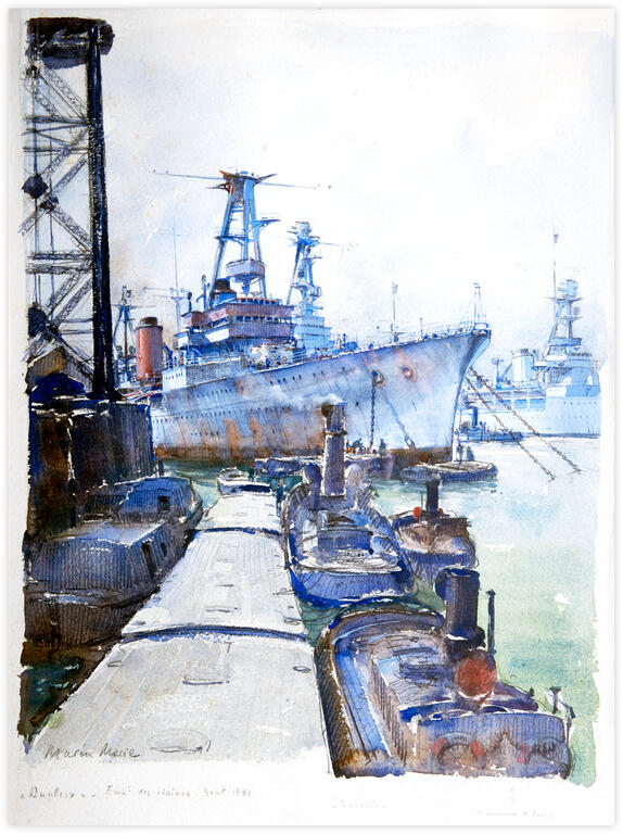 Marin Marie, Le Dupleix à quai à Brest, aquarelle, 1931