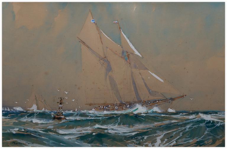 Marin Marie, Ketch sous voiles, aquarelle gouachée.