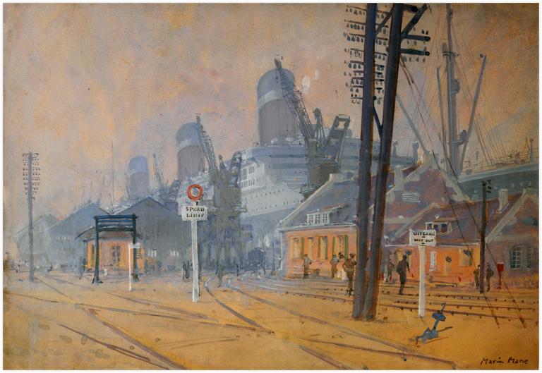 Marin Marie, Le paquebot Berengaria à quai à Southampton, aquarelle gouachée 1934