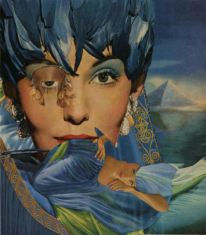 A collage of a woman's face with feathers and a pyramid in the background.