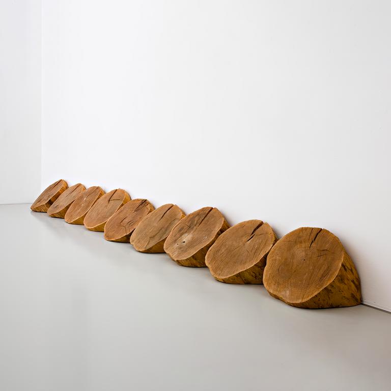 Toni Grand, sculpture Sans titre de 9 pièces de bois brut, 1980